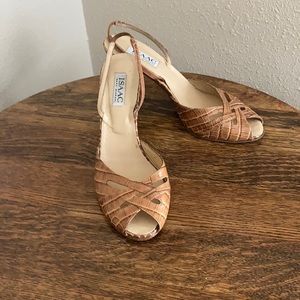 Beige leather sling-back heels, reptile skin pattern.